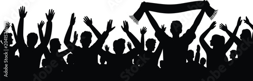 Foto Black Silhouette of Sports Fan Crowd Cheering with Raised Hands and Scarf at Sta