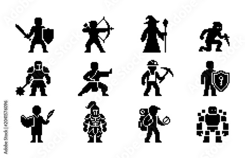 Foto Pixel Art Game Character Icons Set, Fantasy Warrior, Archer, Wizard, Rogue, Knig