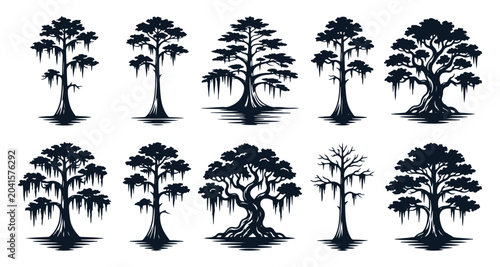 Southern Swamp Cypress and Mossy Live Oak Tree Silhouette Vector Collection