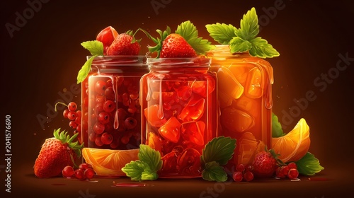 Three glass jars filled with brightly colored preserved fruits sit surrounded by fresh garnishes
