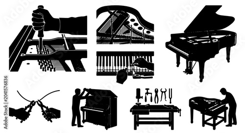 Tableau sur toile Piano Repair and Maintenance Icons, Musical Instrument Service Set, Vintage Keyb
