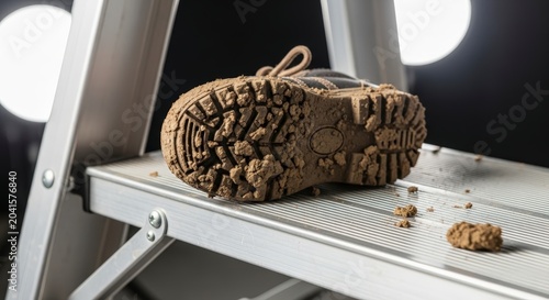 Dirty hiking boot on ladder step.