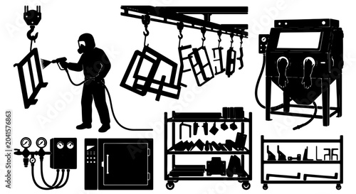 Valokuva Industrial Coating Process Icons: Spray Painter, Oven, Sandblaster, Racks, Equip