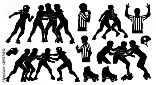 Foto Roller Derby Silhouettes, Action Poses, Athletes, Referees, Skates, Helmets, Spo