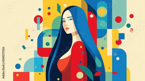 Stylized depiction of a serene female portrait surrounded by vibrant geometric abstraction