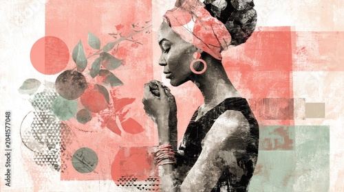 Stylized portrait illustrates a woman in profile gently holding her hands near her face against a textured background of abstract shapes and botanical elements