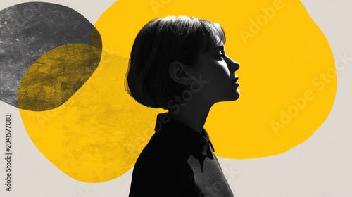 Silhouette profile of a young woman's face dramatically lit against abstract shapes and bold color