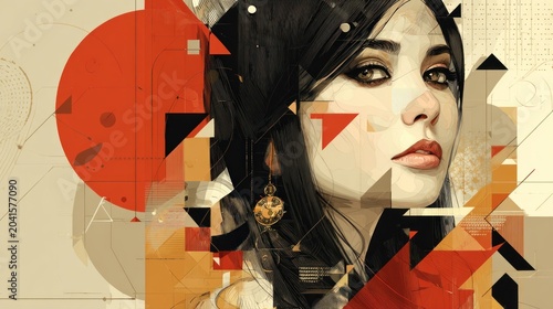 Striking portrait of a woman merged with dynamic abstract geometric elements is presented