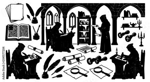 Billede på lærred Monastic Scribes and Scholars, Medieval Manuscript Illumination Elements, Histor