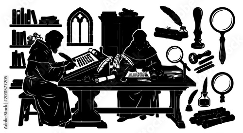 Foto Medieval Scribes Silhouette Set, Monks Writing and Studying in Monastery Library
