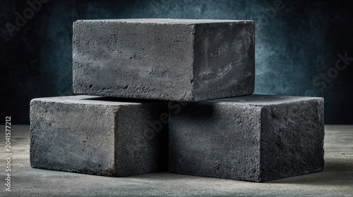 Three dark gray construction blocks stacked on a surface with dramatic lighting