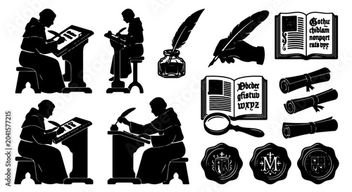 Fotografi Medieval Scribes and Manuscripts Collection: Monks Writing, Inkwells, Quills, Sc