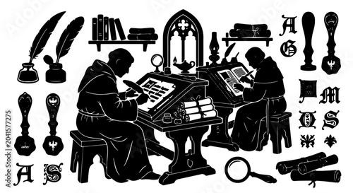 Schilderij op canvas Medieval Scribes, Monks Writing, Illuminated Manuscript Elements, Gothic Archite