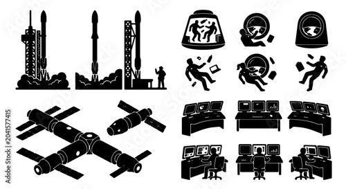 Fotografie Space Exploration Icons, Rocket Launch Set, Astronauts in Zero Gravity, Mission