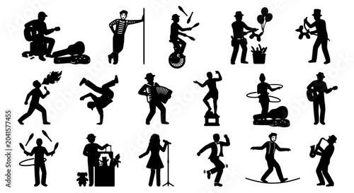 Cuadro en lienzo Circus Performers Silhouette Collection, 15 Vector Icons for Entertainment and P