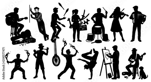 Konstfotografi Circus Performers Silhouette Collection, Diverse Performers Juggling, Playing Mu
