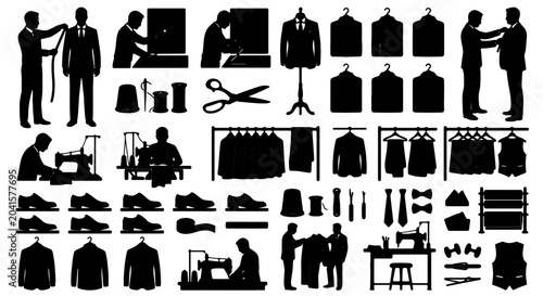 Foto Tailoring and Fashion Design Icons, Vector Set: Tailor, Seamstress, Sewing Machi