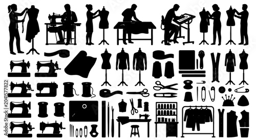 Foto Tailor and Fashion Design Icons: Sewing Machine, Mannequin, Scissors, Thread, Fa