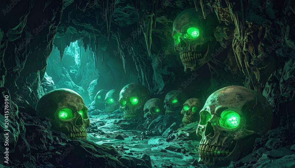 Fototapeta premium Glowing Skulls in Dark Cave Environment.