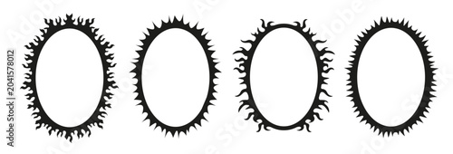 Set of y2k style tribal oval frame. Hand drawn cyber sigilism tattoo border. Aesthetic of 90s, 2000s. Vector illustration for poster, collage, design template.