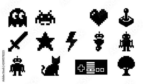 Retro Pixel Art Icons Set, 8-Bit Video Game Graphics, Nostalgic Digital Symbols Collection, Vintage Gaming Elements