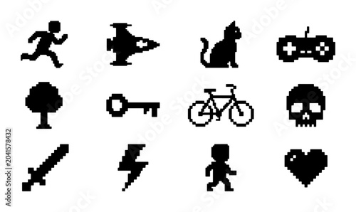 Retro Pixel Art Icons Set: Running Man, Spaceship, Cat, Controller, Tree, Key, Bicycle, Skull, Sword, Lightning, Character, Heart