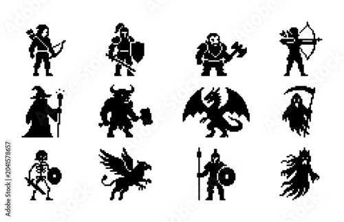Pixel Art Fantasy Characters Set, 12 Retro Game Icons, Medieval Warrior & Mythical Creature Vector Graphics