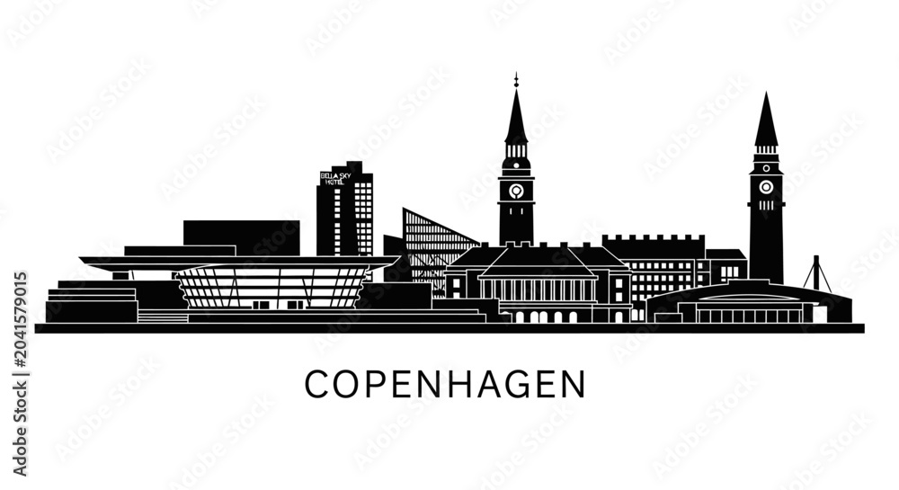 Obraz premium Copenhagen Denmark Skyline Vector Illustration, Cityscape Silhouette
