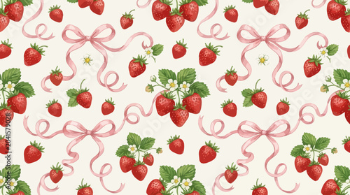 Seamless pattern with strawberries and pink ribbons.