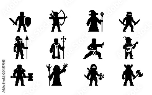 Bild auf Leinwand Pixel Art Character Icons Set, Retro Gaming Silhouettes, Fantasy RPG Hero Collec