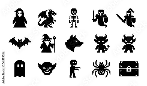 Pixel Art Fantasy Icons Set, Retro 8-bit Game Characters and Creatures, Spooky Halloween Monsters Vector Graphics for Digital Design