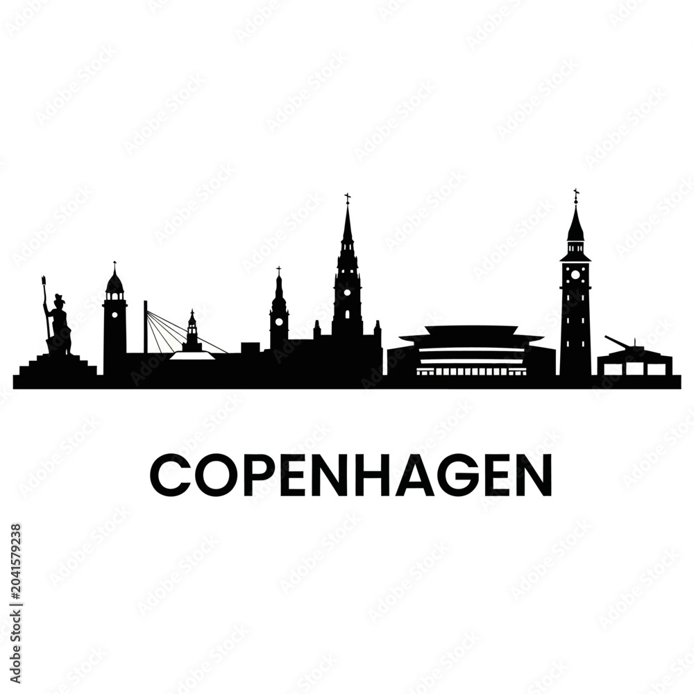 Fototapeta premium Copenhagen, Denmark Skyline Silhouette, Black and White Vector Illustration