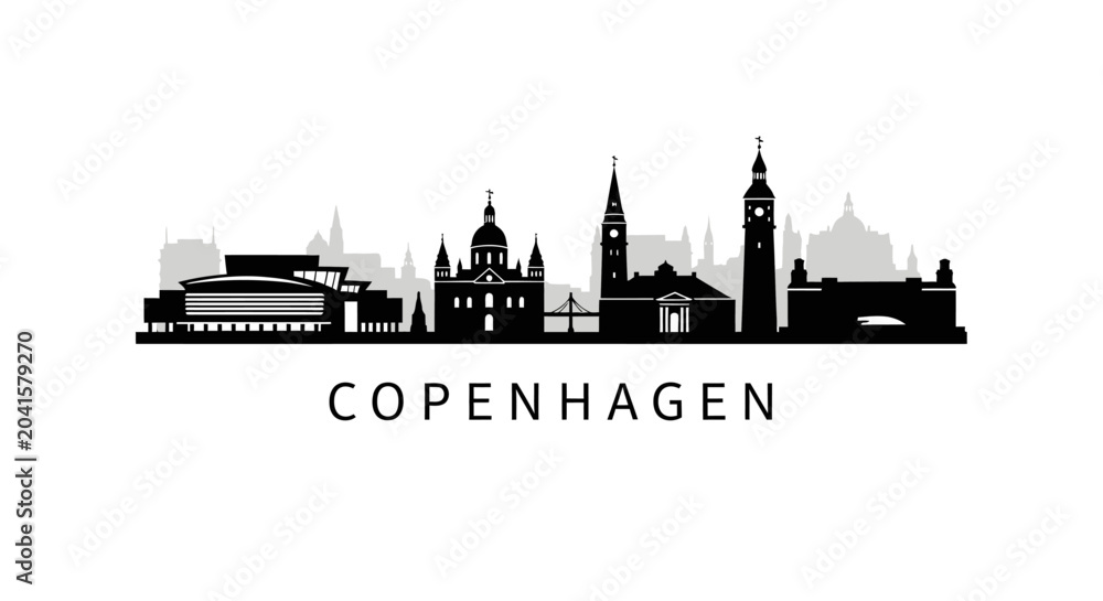 Fototapeta premium Copenhagen skyline silhouette illustration, black and white cityscape