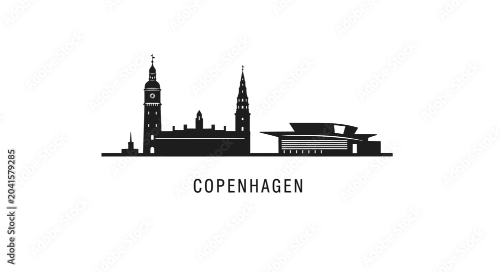 Obraz premium Copenhagen skyline silhouette illustration, black and white cityscape