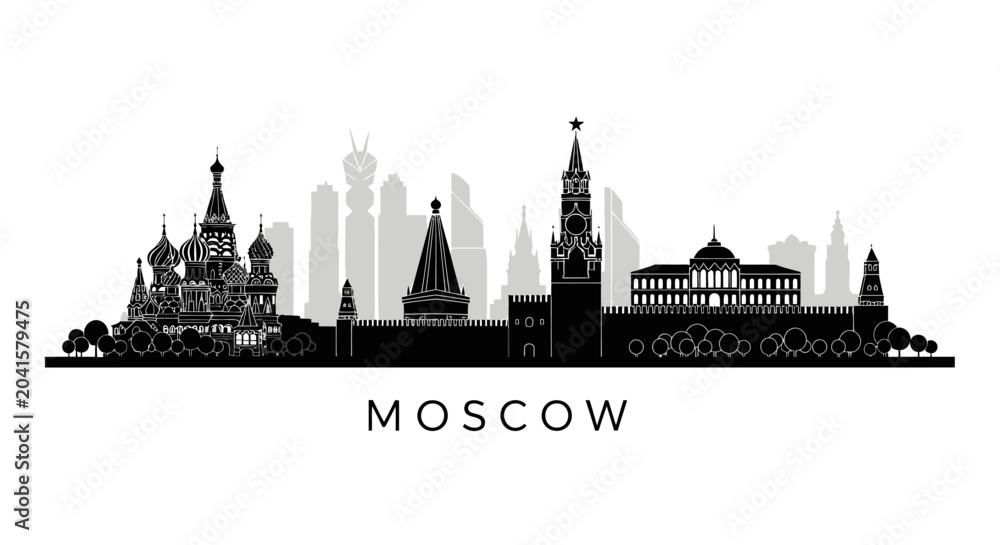 Fototapeta premium Moscow Cityscape Silhouette Illustration, Kremlin and Saint Basil's Cathedral