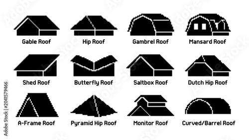 Architectural Roof Styles Collection, 12 Vector Icons for Building Design and Construction, Residential and Commercial Structures