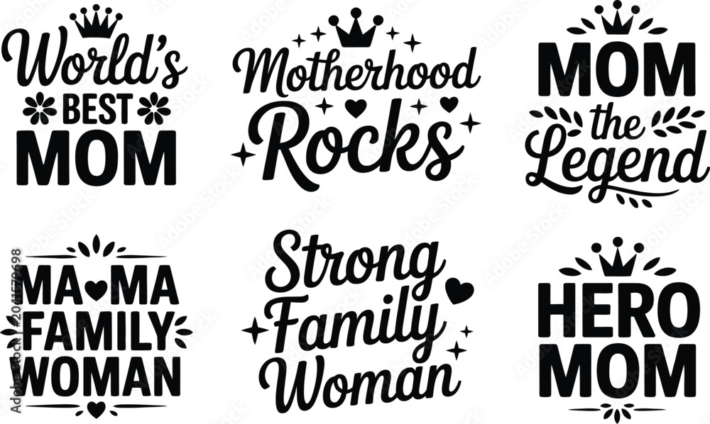 Obraz premium Elegant mothers day typography badge collection featuring crowns and stars with bold lettering for shirt design templates isolated on transparent background for creative use.