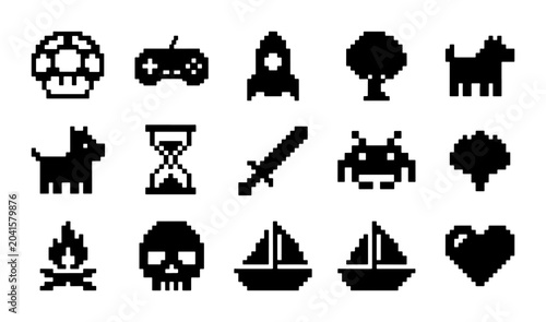 Pixel Art Icons Set: Retro Gaming & 8-Bit Graphics, 15 Vector Elements for Digital Design, Nostalgic Video Game Assets