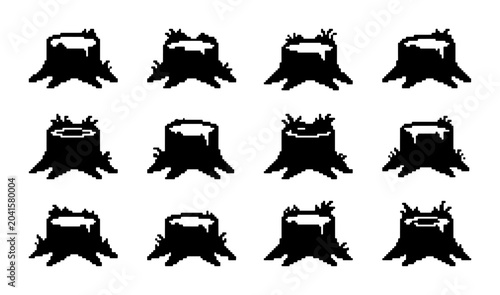 Foto Set of 12 Black Silhouette Tree Stumps, Forest Remnants, Woodland Icons, Nature