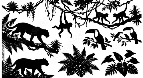 Canvas Print Jungle Silhouette Vector Pack: Monkeys, Panthers, Toucans, Tropical Plants, Vine