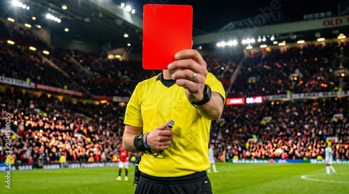 Soccer Referee Showing Red Card During Football Match in Stadium