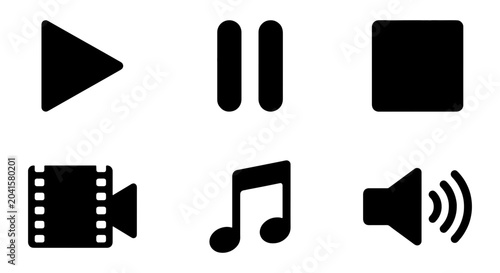 Fotografie Set of 6 Black Multimedia Icons: Play, Pause, Stop, Film, Music Note, Volume Con