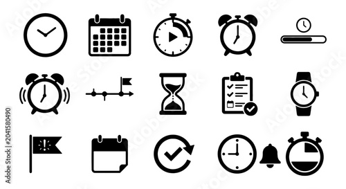 Photos Time Management Icons Set: Clocks, Calendars, Timers, Stopwatch, Hourglass, Chec