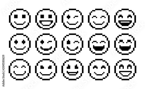 Pixel Art Emoji Collection, 15 Retro Emoticons, Simple Smiley Faces, Digital Art Icons, Expressive Emotions, Graphic Elements, Vector Set
