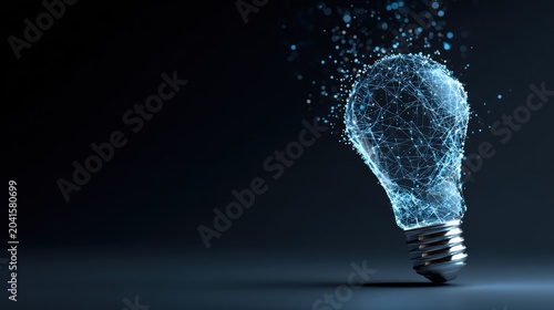 Illuminated conceptual light source forming from digital particles against a dark background