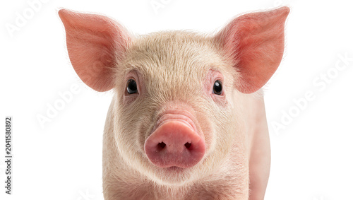 Foto Cute pink piglet face with large ears and snout