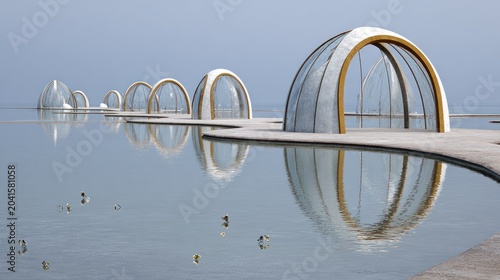 Modern domed structures line a serene water feature under a pale sky