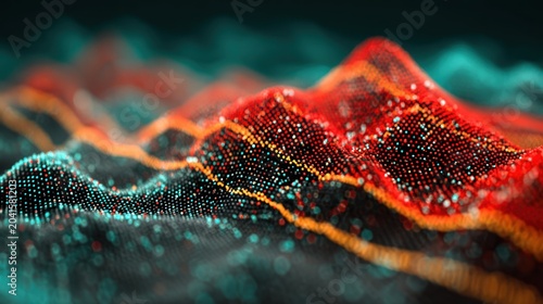 Glowing particle mesh forms abstract undulating wave patterns with contrasting colors