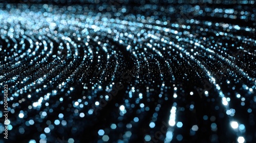 Glowing blue particles undulate across a dark, abstract surface in a field of light