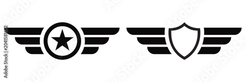 Aviation military wings vector icon featuring pilot badge emblem and star symbol in circle for army or air force
 logo design.